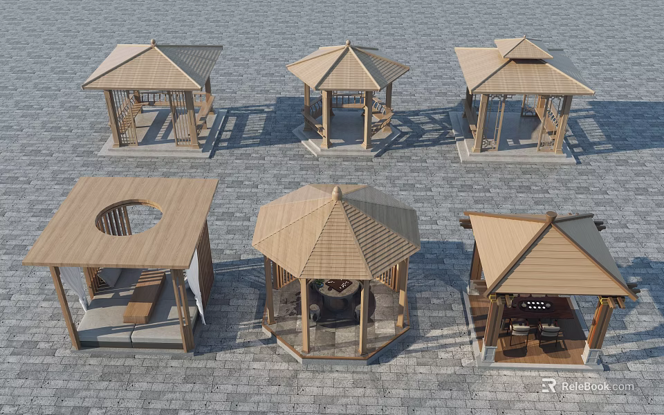 Various Wooden Gazebo Designs With Hexagonal Octagonal And Circular Roofs On Stone Paved Ground 3d model 