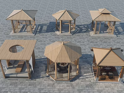 Various Wooden Gazebo Designs With Hexagonal Octagonal And Circular Roofs On Stone Paved Ground 3d model