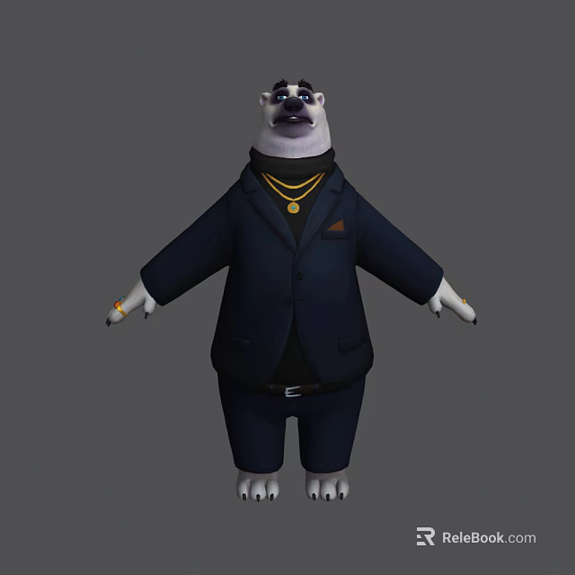 Anthropomorphic Bear Character Wearing Formal Blue Suit And Gold Necklace With White Paws Standing 3d model 