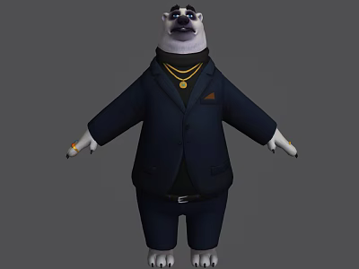 Anthropomorphic Bear Character Wearing Formal Blue Suit And Gold Necklace With White Paws Standing 3d model