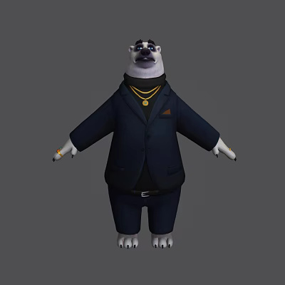 Anthropomorphic Bear Character Wearing Formal Blue Suit And Gold Necklace With White Paws Standing 3d model