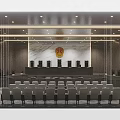 Formal Courtroom Interior With Judge Bench Audience Seats Bright Lighting And National Emblem