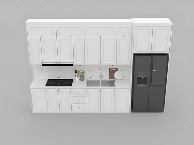 Modern White Kitchen Cabinets With Countertop Sink Stove Fridge And Interior Design 3d model
