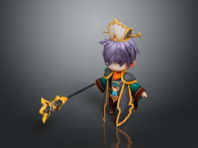 Man With Purple Hair Golden Crown Green And Gold Outfit Holding Golden Staff 3d model