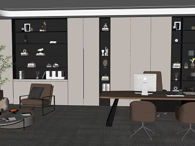 Modern Office Interior With Wooden Desk Computer Shelves And Armchairs 3d model