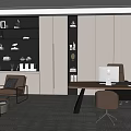 Modern Office Interior With Wooden Desk Computer Shelves And Armchairs