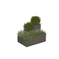 Bonsai Potted Plants in Tiered Concrete Planters with Green Shrubs and Lavender