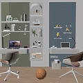 Modern Desk With Bookshelves Decorations Laptop Chairs And Basketball In Room