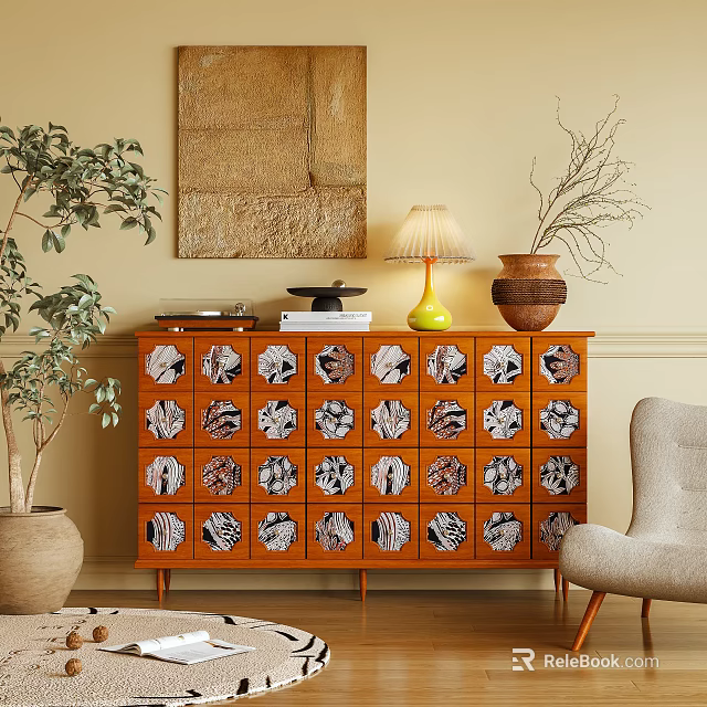 Wooden Dresser With Patterned Drawers Table Lamp Ceramic Pot And Green Plant 3d model 