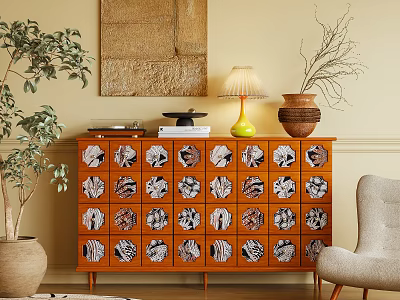 Wooden Dresser With Patterned Drawers Table Lamp Ceramic Pot And Green Plant 3d model