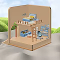 Yellow Cartoon Scene With Two Story Bed Sofa Table Chair Green Grass And Blue Sky
