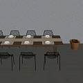 Modern Minimalist Interior Dining Table and Chairs With Long Wooden Tabletop Black Mesh Chairs