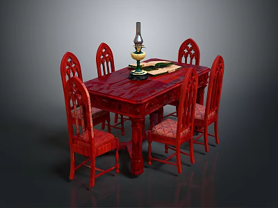 Red Dining Table Set with Six Red Chairs and Oil Lamp with Green Mat 3d model