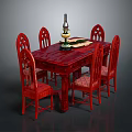 Red Dining Table Set with Six Red Chairs and Oil Lamp with Green Mat