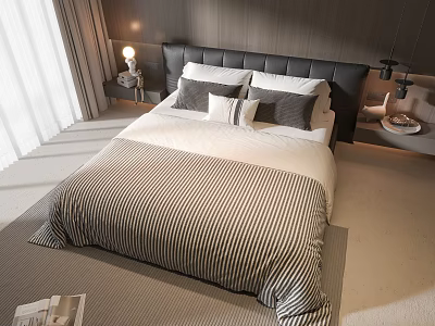 Modern Bedroom Double Bed With Dark Headboard Striped Bedspread And Gray White Pillows 3d model