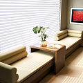 Beige Banquette Sofa With Coffee Table Potted Plant And Abstract Painting In Modern Bright Interior