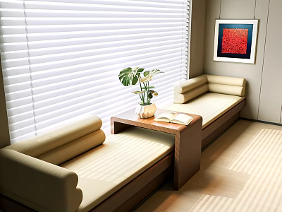 Beige Banquette Sofa With Coffee Table Potted Plant And Abstract Painting In Modern Bright Interior 3d model