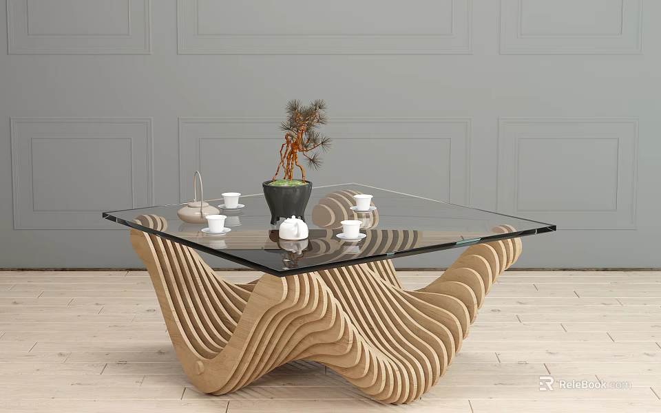 Modern Coffee Table With Glass Top And Wavy Wooden Base Featuring Teacups And Potted Plant 3d model 