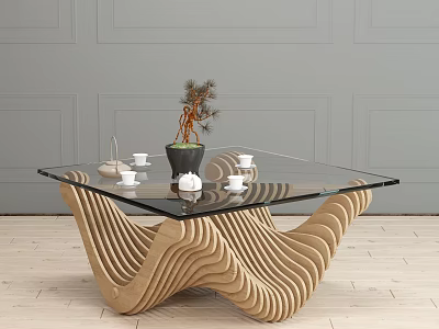 Modern Coffee Table With Glass Top And Wavy Wooden Base Featuring Teacups And Potted Plant 3d model