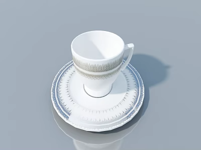 White Ceramic Cup With Saucer Gold And Blue Decor On Gray Background 3d model