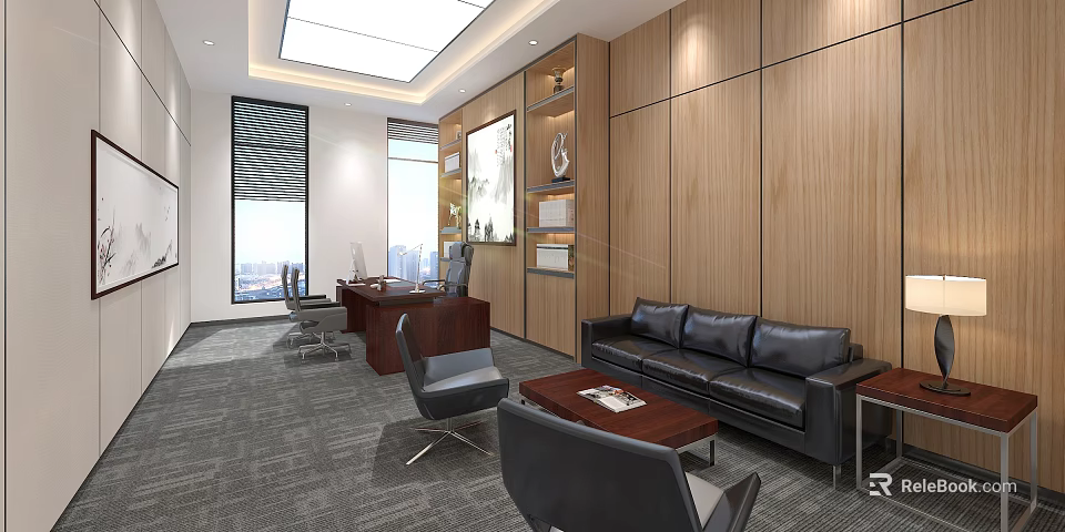 Modern Office Interior Design With Wooden Walls Black Sofa Work Desk And Coffee Table 3d model 