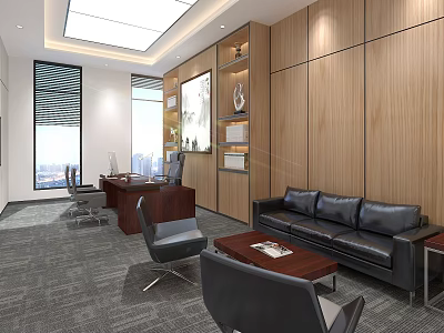 Modern Office Interior Design With Wooden Walls Black Sofa Work Desk And Coffee Table 3d model