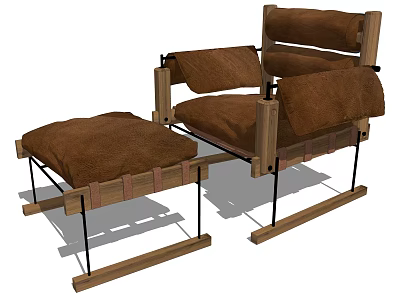 Simple Design Leisure Chair With Wooden Frame Brown Cushion And Matching Ottoman 3d model