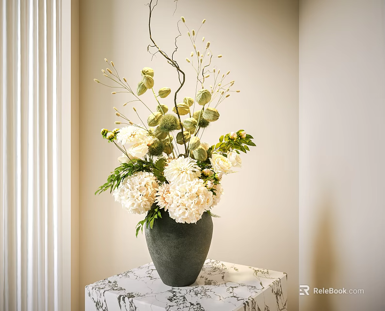 Gray Vase with White Hydrangeas Green Leaves and Slender Branches on Patterned Tablecloth 3d model 