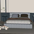 Modern Kids Bed With Grey Upholstered Headboard Striped Quilt Pillows And Toy Car