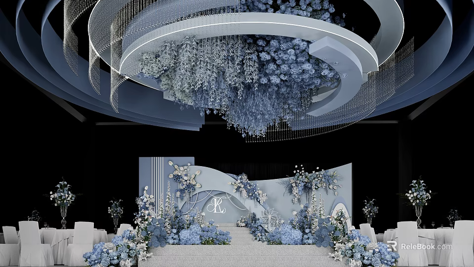 Banquet Hall With Blue And White Floral Decorations Circular Chandelier And Elegant Stage Backdrop 3d model 