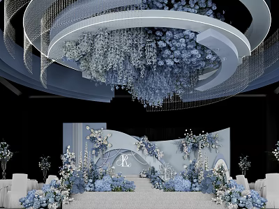 Banquet Hall With Blue And White Floral Decorations Circular Chandelier And Elegant Stage Backdrop 3d model