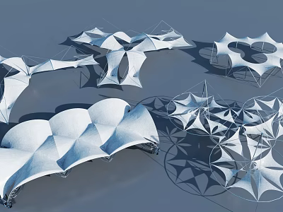 White Tensile Membrane Structures With Modern Geometric Shapes And Shadow Effects 3d model