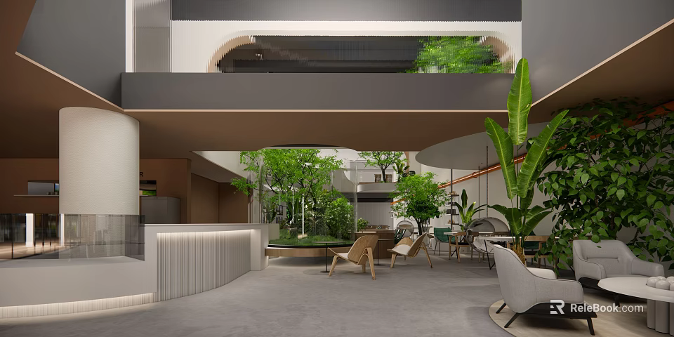 Serene Cafe Space With Lush Greenery Outdoor Seating And Natural Light 3d model 