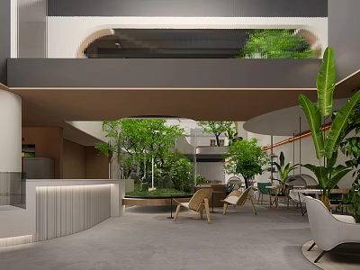 Serene Cafe Space With Lush Greenery Outdoor Seating And Natural Light 3d model