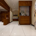 Traditional Chinese Interior Design With Wooden Furniture Calligraphy Paintings And White Tile Floor