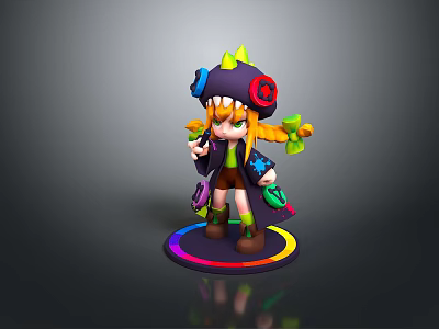 3D Cartoon Character Model With Colorful Hat Vibrant Pigtails Decorative Elements And Rainbow Base 3d model