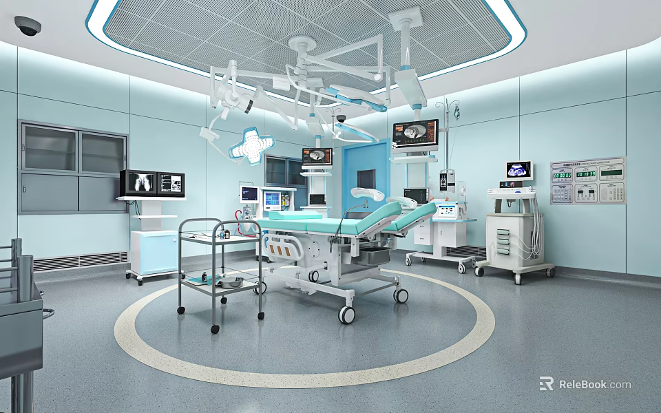 Modern Operating Room Interior With Advanced Surgical Lights Operating Table And Medical Devices 3d model 