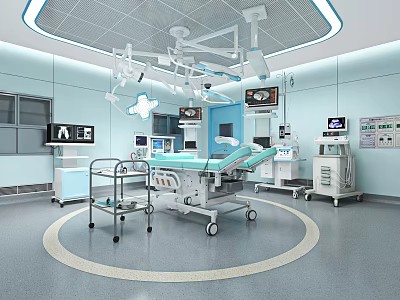 Modern Operating Room Interior With Advanced Surgical Lights Operating Table And Medical Devices 3d model
