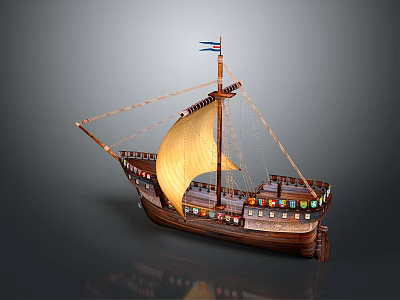 Vintage Wooden Sailing Ship With Yellow Sail Decorative Details And Flag 3d model