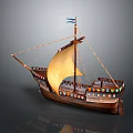 Vintage Wooden Sailing Ship With Yellow Sail Decorative Details And Flag