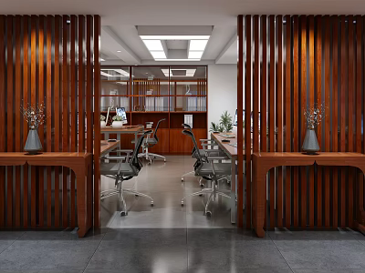 Modern Public Office Space With Wooden Grille Partitions Desks Office Chairs And Green Plants 3d model