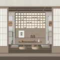 Traditional Japanese Tea Room Interior With Wooden Sliding Lattice Doors Tatami Mats And Tea Sets