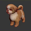 Brown And White Puppy Figurine With Shaggy Fur In Standing Pose On Dark Glossy Surface