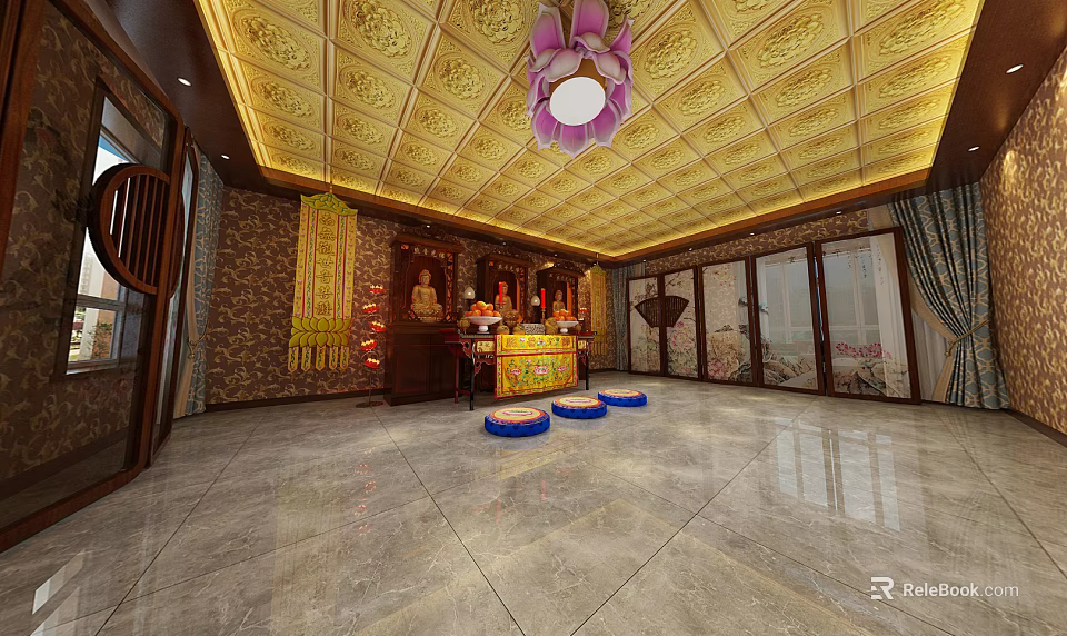 Sacred Religious Worship Area With Buddha Statue Altar Table Lotus Chandelier And Golden Ceiling 3d model 