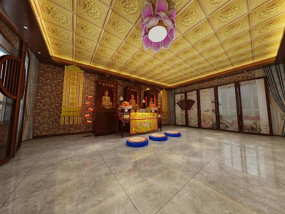 Sacred Religious Worship Area With Buddha Statue Altar Table Lotus Chandelier And Golden Ceiling 3d model