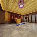 Sacred Religious Worship Area With Buddha Statue Altar Table Lotus Chandelier And Golden Ceiling
