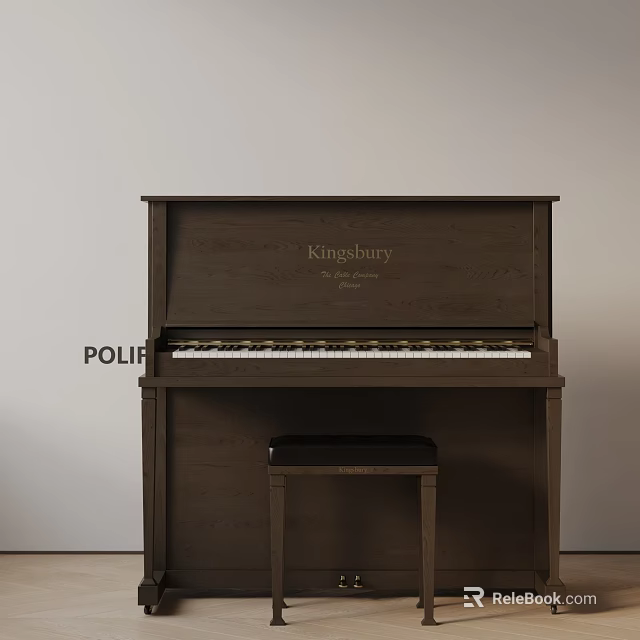 Kingsbury Brown Wooden Upright Piano With Stool In Modern Interior Room 3d model 