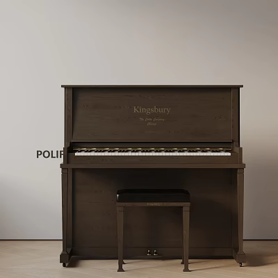 Kingsbury Brown Wooden Upright Piano With Stool In Modern Interior Room 3d model
