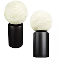 Modern Two Table Lamps with Moon Like Texture Spherical Shade and Black Cylindrical Base