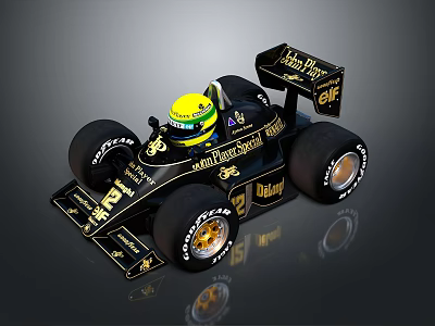 John Player Special Black Racing Car With Gold Logos Yellow Helmet And Large Tires 3d model